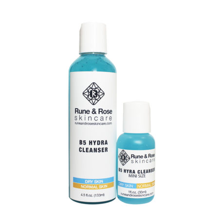 Full size and mini B5 Hydra Cleanser bottles by Rune and Rose skincare